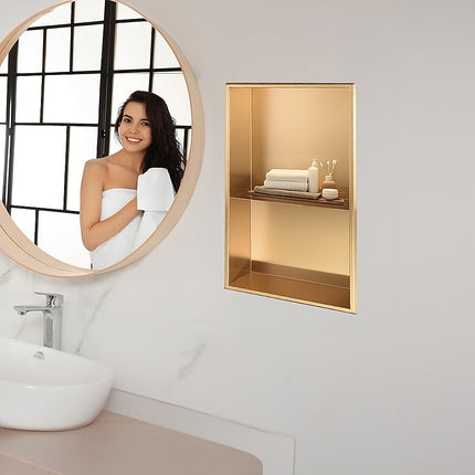 641 x 336 x 101mm Shower Niche Double Shelf Organizer No Tile Needed in Gold.