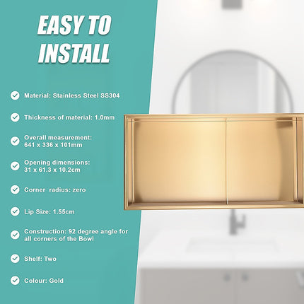 641 x 336 x 101mm Shower Niche Double Shelf Organizer No Tile Needed in Gold.
