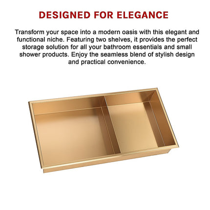 641 x 336 x 101mm Shower Niche Double Shelf Organizer No Tile Needed in Gold.