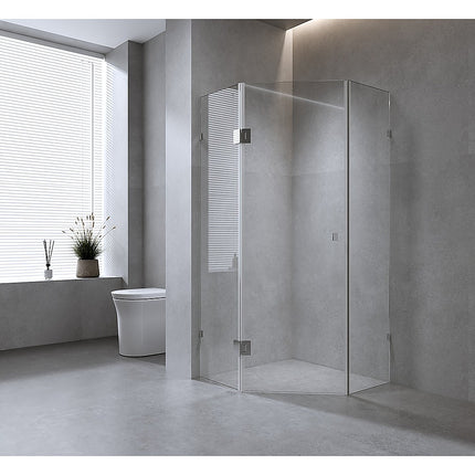 90cm Frameless Diamond Shower Screen – Black F-Brackets, Brass Hinges & Round Knob Handle.