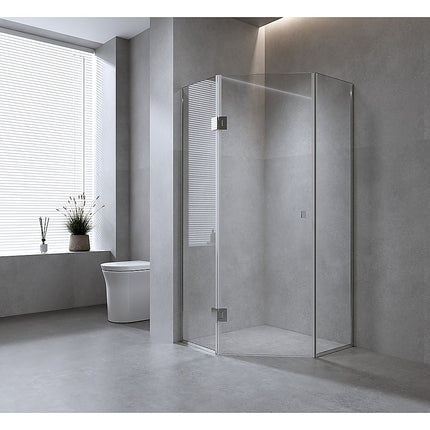 100cm Frameless Diamond Shower Screen – Channels with Brass Hinges in Gunmetal, Round Handle.