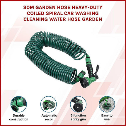 30M Garden Hose Heavy-Duty Coiled Spiral Car Washing Cleaning Water Hose Garden.