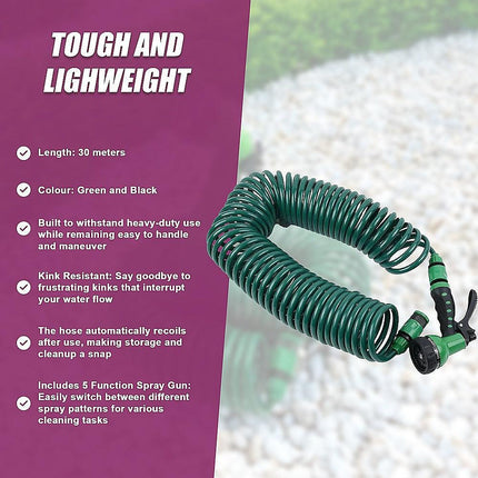 30M Garden Hose Heavy-Duty Coiled Spiral Car Washing Cleaning Water Hose Garden.