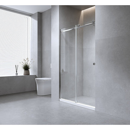 170cm Frameless Glass Sliding Shower Door – With Black Rail and Wall Channel for Modern Bathrooms.