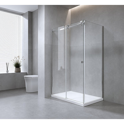 140x100cm Frameless Glass Sliding Corner Shower – With Black Rail and Wall Channel for Contemporary Bathrooms.