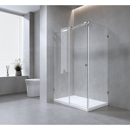 130x90cm Frameless Glass Sliding Corner Shower – With Nickel Rail and U-Brackets for Contemporary Bathrooms.