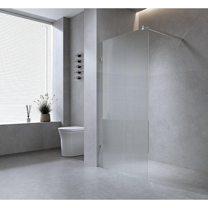 70cm Reeded Glass Shower Screen with Nickel F-Brackets and Floor F-Bracket.