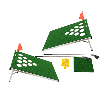 Golf Cornhole Game With Chipping Mats, Golf Balls, Putters.
