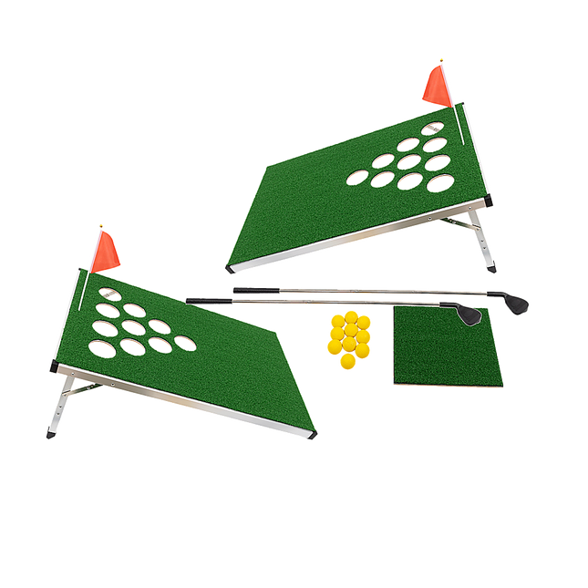 Golf Cornhole Game With Chipping Mats, Golf Balls, Putters.