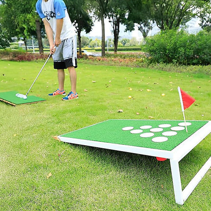 Golf Cornhole Game With Chipping Mats, Golf Balls, Putters.