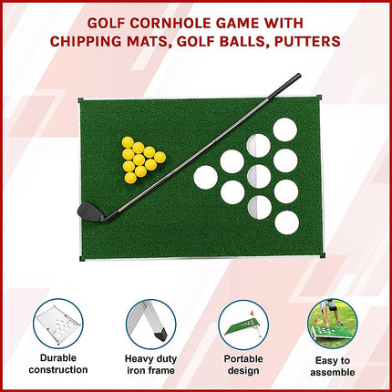 Golf Cornhole Game With Chipping Mats, Golf Balls, Putters.