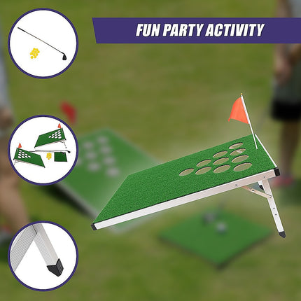 Golf Cornhole Game With Chipping Mats, Golf Balls, Putters.