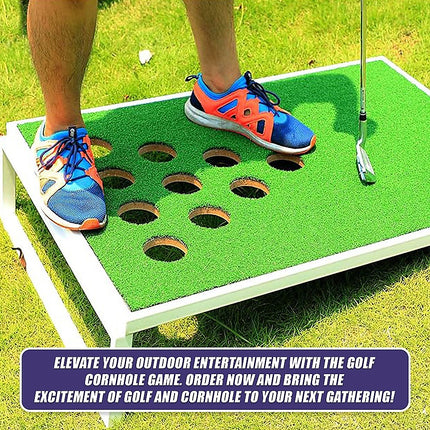 Golf Cornhole Game With Chipping Mats, Golf Balls, Putters.