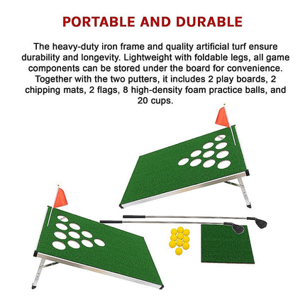 Golf Cornhole Game With Chipping Mats, Golf Balls, Putters.