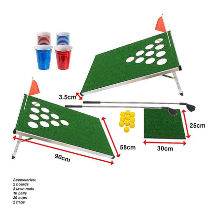 Golf Cornhole Game With Chipping Mats, Golf Balls, Putters.