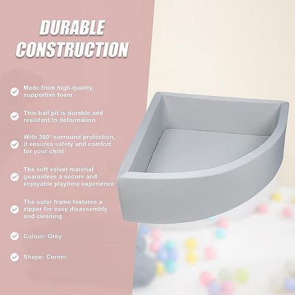 Corner Ball Pit Playpen Enclosure – Safe Grey Play Area for Babies and Toddlers, Indoor or Outdoor.