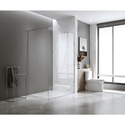 90x210cm Glass Shower Screen with Nickel F-Brackets and Round Pole.