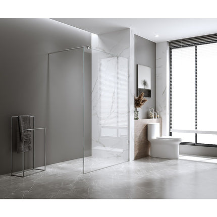 90x210cm Glass Shower Screen with Nickel F-Brackets and Round Pole.