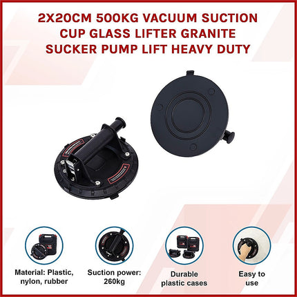 2x20cm 500kg Vacuum Suction Cup Glass Lifter Granite Sucker Pump Lift Heavy Duty.