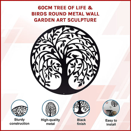 60cm Tree of Life & Birds Round Metal Wall Garden Art Sculpture.
