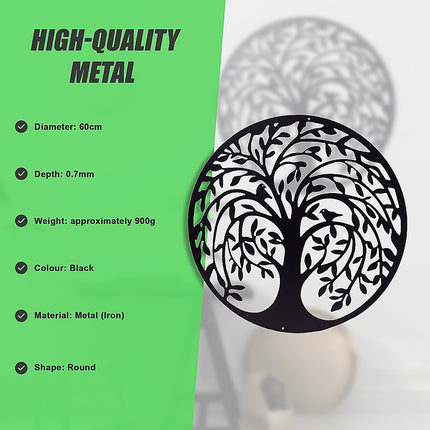 60cm Tree of Life & Birds Round Metal Wall Garden Art Sculpture.