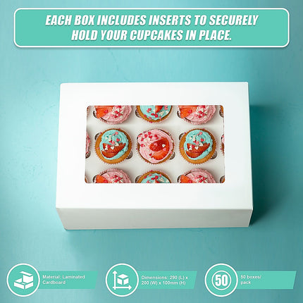 50pcs Cupcake Boxes 12-Hole Laminated Clear Window Face Boxes Favour.