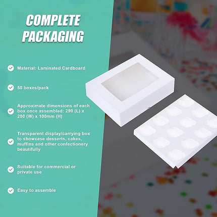 50pcs Cupcake Boxes 12-Hole Laminated Clear Window Face Boxes Favour.