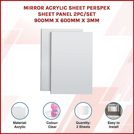 MIRROR Acrylic Sheet Perspex Sheet Panel 2pc/set 900mm x 600mm x 3mm.