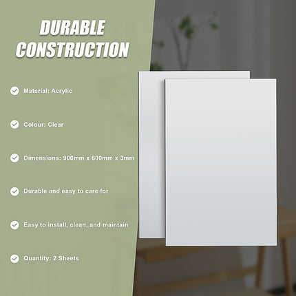 MIRROR Acrylic Sheet Perspex Sheet Panel 2pc/set 900mm x 600mm x 3mm.