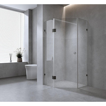 100x100cm Double Door Corner Shower Screen – White F-Brackets, SS Hinges & Square Knob Handle.