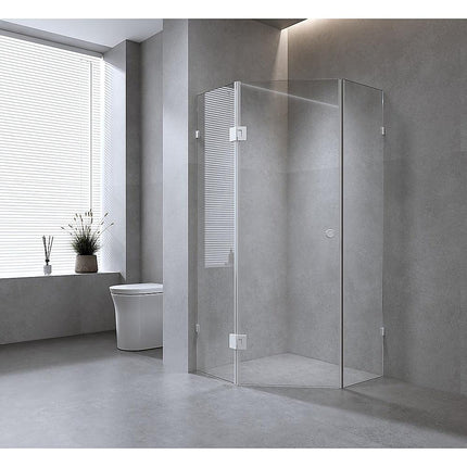 90cm Frameless Diamond Shower Screen – Gunmetal U-Brackets Detailing with Durable SS Hinges.