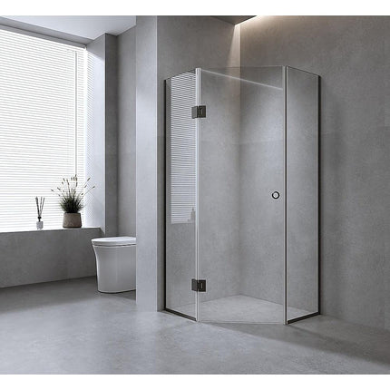 90cm Frameless Diamond Shower Screen with Chrome Channels and Brass Hinges & Round Handle.