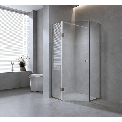 100cm Frameless Diamond Shower Screen with Chrome Channels and Brass Hinges.
