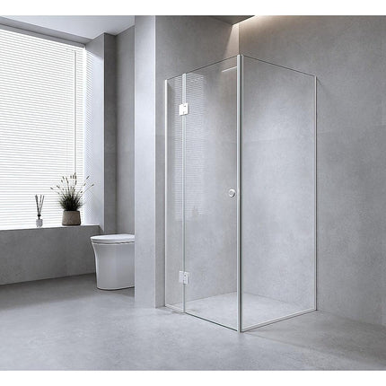 100x100cm Corner Frameless Shower Screen – Nickel Wall Channel and Floor Channel with SS Hinges for Modern Bathroom Style.