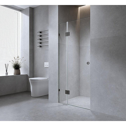 100cm Frameless Wall-to-Wall Shower Screen with Gunmetal Brackets & Brass Hinges – F-Brackets and Floor F-Bracket.