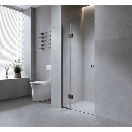 100cm Frameless Wall-to-Wall Shower Screen – Gunmetal Wall Channel and Floor Channel with Brass Hinges.
