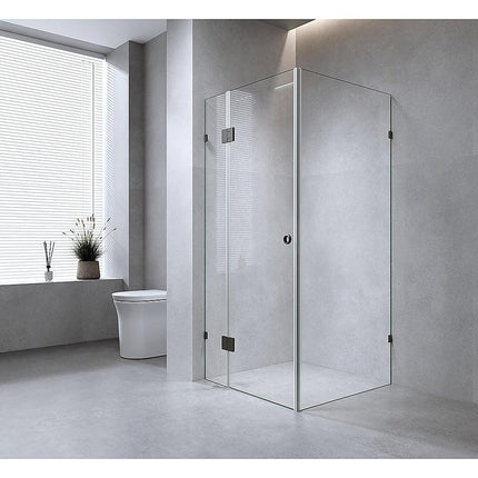90x70cm Corner Frameless Shower Screen with Gunmetal Brackets and Brass Hinges - F-Brackets.