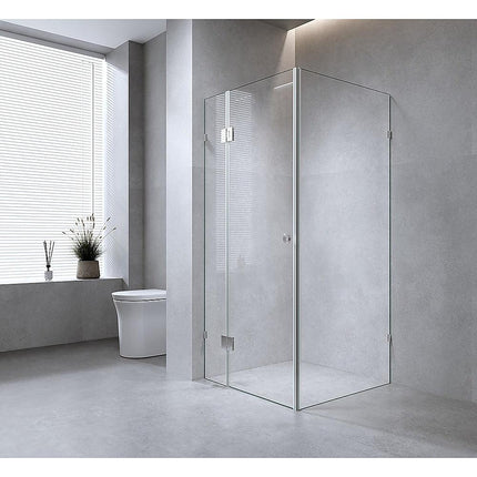 100x100cm Corner Frameless Shower Screen with Nickel Brackets and Brass Hinges - F-Brackets.