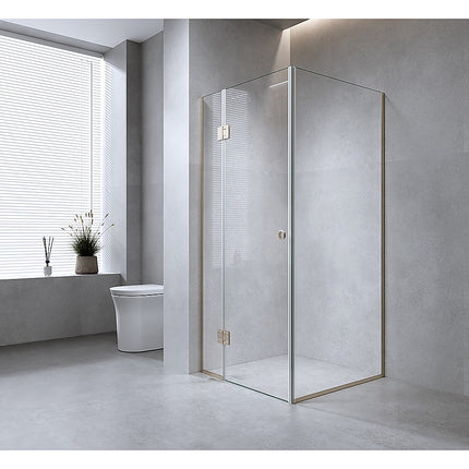 110x100cm Corner Frameless Shower Screen – Black Wall Channel with Brass Hinges for Elegant Bathrooms.