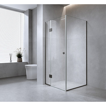120x80cm Corner Frameless Shower Screen – Gunmetal Wall Channel with Brass Hinges for Elegant Bathrooms.