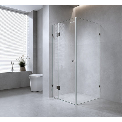 120x110cm Corner Frameless Shower Screen with White Brackets and Brass Hinges - Wall Channel and Floor F-Bracket.