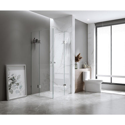 90x100cm Double Door Corner Shower – Gold U-Brackets with Brass Hinges for Modern Bathrooms.