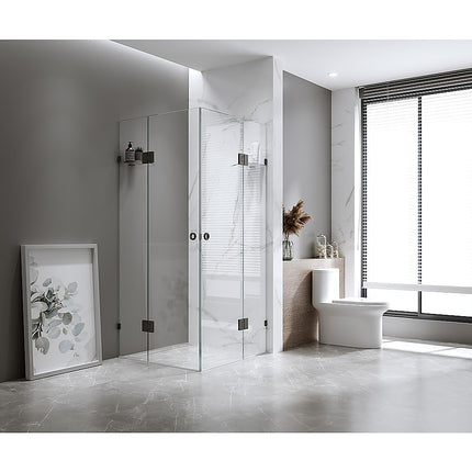 100x110cm Double Door Corner Shower – Black U-Brackets with Brass Hinges for Modern Bathrooms.