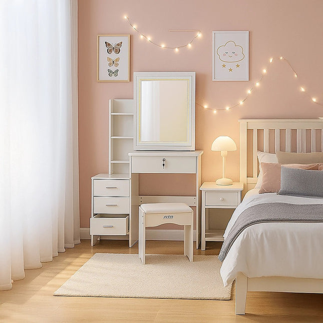 Dressing Table LED Makeup Mirror Stool Set Vanity Desk With Drawer Lighted.