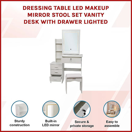 Dressing Table LED Makeup Mirror Stool Set Vanity Desk With Drawer Lighted.