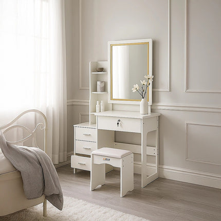 Dressing Table LED Makeup Mirror Stool Set Vanity Desk With Drawer Lighted.