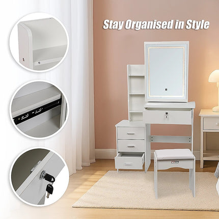 Dressing Table LED Makeup Mirror Stool Set Vanity Desk With Drawer Lighted.