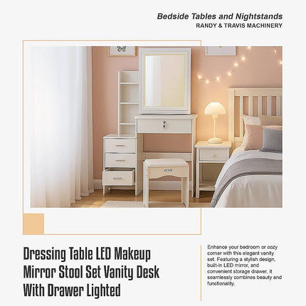Dressing Table LED Makeup Mirror Stool Set Vanity Desk With Drawer Lighted.