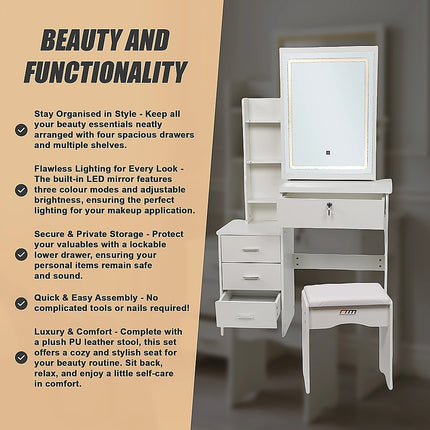 Dressing Table LED Makeup Mirror Stool Set Vanity Desk With Drawer Lighted.