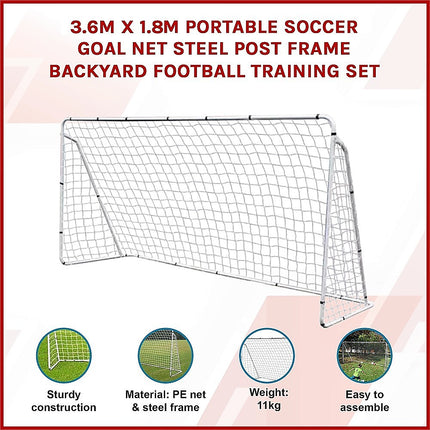 3.6m x 1.8m Portable Soccer Goal Net Steel Post Frame Backyard Football Training Set.